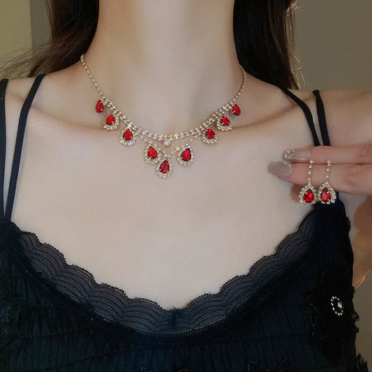 Oval Water Drop Tassel Earrings Necklace for Women Delicate