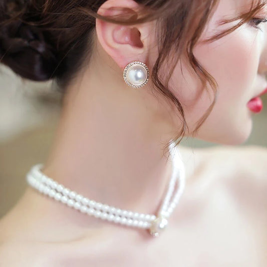French Retro Elegant Pearl Necklace Earring Set Bridal Wedding