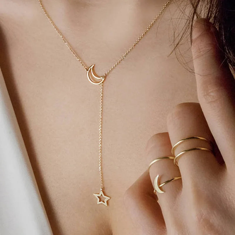 Simple Moon Star Pendant Choker Necklace Gold Color Alloy